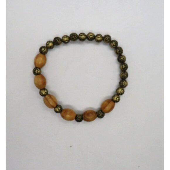 Beaded Bracelet Natural Wood Metal Beads Rose Embellished Brass Tone Stretch - Picture 5 of 5